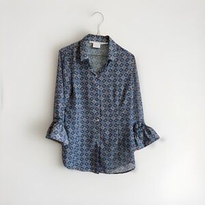 Gretchen Scott Priss Brooks Blouse Button Down Shirt 3/4 Sleeve Medium
